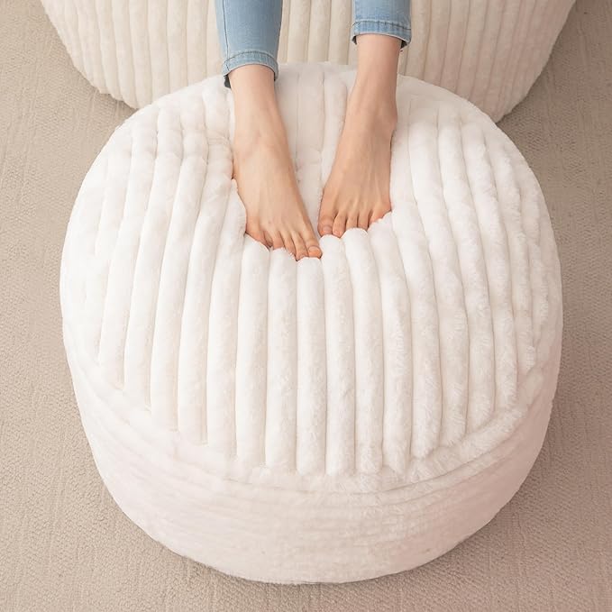 HIGOGOGO Round Stuffed Pouf Ottoman, Stripe Faux Fur Poufs with Foam Chunk Filling, Furry and Fluffy Pouf Foot Stool Storage Ottoman, 20 X 15 Floor Poufs Foot Rest for Living Room, Beige-Ruum Studio Home