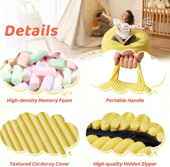 Bean Bag Chairs Teardrop Bean Bag Chair Beanbag Chair with Memory Foam Filled Machine Washable Cover for Living Room, Bedroom (Small,Yellow)-Ruum Studio Home