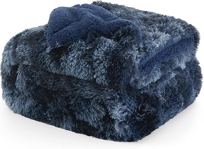Bedsure GentleSoft Fluffy Tie Dye Navy Blue Blankets Queen Size for Bed, Thick Sherpa Faux Fur Fleece Fuzzy Plush Winter Warm Soft Queen Blankets, Bedroom Decor Blue Cozy Gifts for Women Men, 90x90-Ruum Studio Home