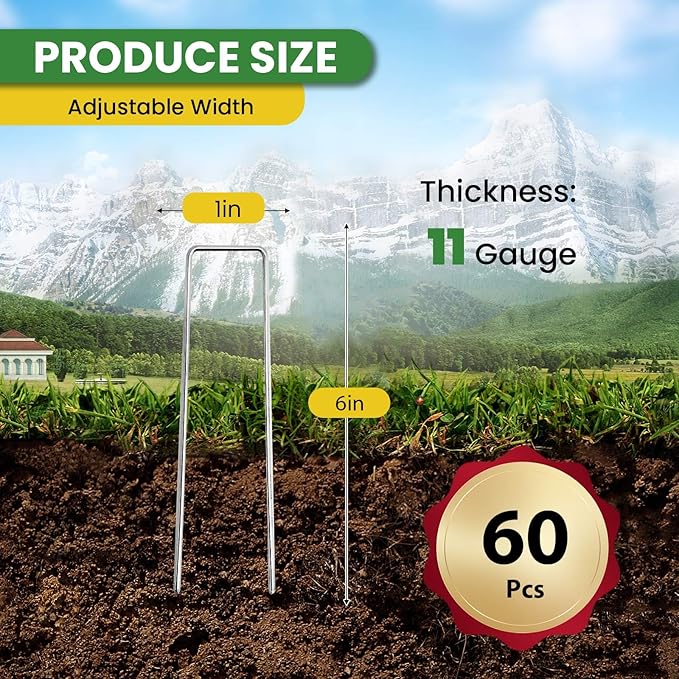 Landscape Staples 6 Inch 60 Pack, Garden Stakes Galvanized Garden Staples 11 Gauge, Plant Cover Stakes for Lawn Weed Barrier-Ruum Studio Home