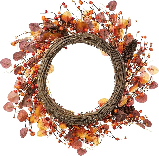 Glitzhome 22" D Fall Eucalyptus Berry Wreath, Artificial Wreaths Rustic Hanging Ornaments for Fall Front Door Wall Decor-Ruum Studio Home