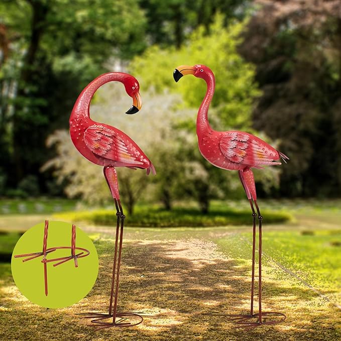 Metal Flamingo Garden Statue, 40" Tall Outdoor Decor Flamingos Yard Art Sculptures and Statues Reinforced Foot, Weatherproof Flamingo Ornaments for Lawn Pool Backyard Decor, Set of 2-Ruum Studio Home