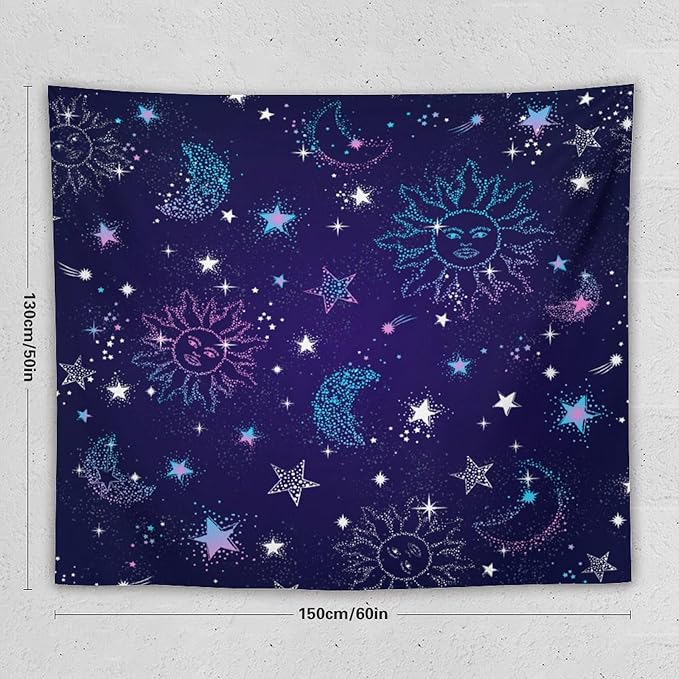 HZOHNAGO Boho Sun Moon Tapestry Purple Blue Sun Stars Galaxy Pattern Printed Wall Tapestry Wall Hanging for Bedroom Living Room Dorm 60" W x 50" H-Ruum Studio Home
