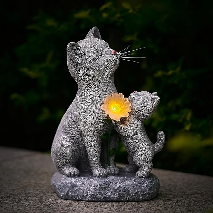 Solar Cat Garden Statue Outdoor Decor - Mother & Kitten Figurines with Flower LED Light, Outside Yard Art Patio Balcony Lawn Ornament, Unique Gifts for Cat Lover-Ruum Studio Home