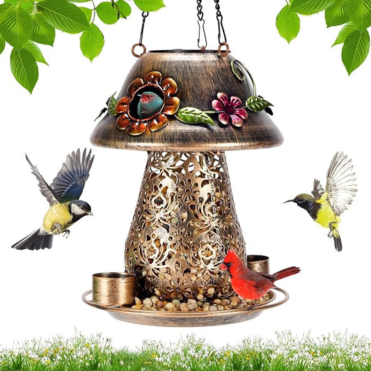 Mushroom Solar Bird Feeders for Outdoors Hanging Metal Wild Bird Feeder Garden Lantern with S Hook for Garden Decoration Brown-Ruum Studio Home