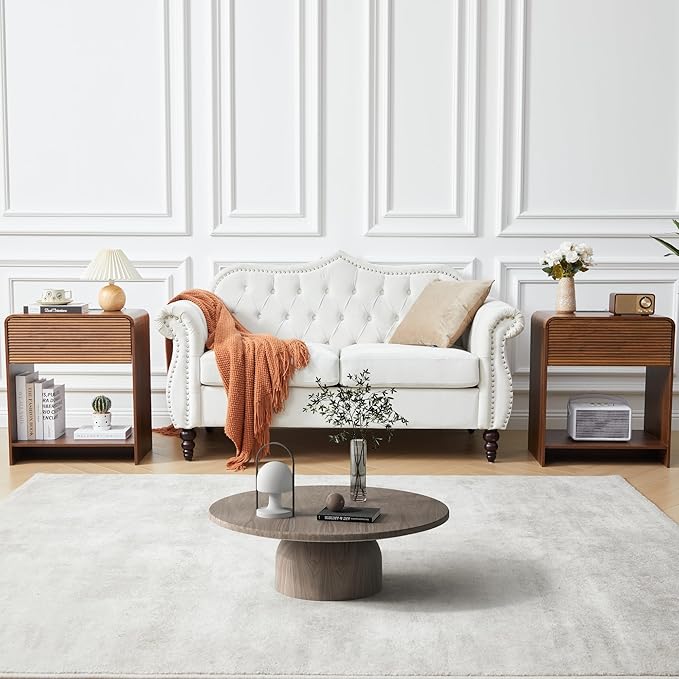 Fluted Nightstand with Charging Station, Mid Century Modern Bed Side Table End Table with Drawer Storage, Large Wooden Night Stands Bedside for Bedroom Living Room Sofa Office, Walnut-Ruum Studio Home