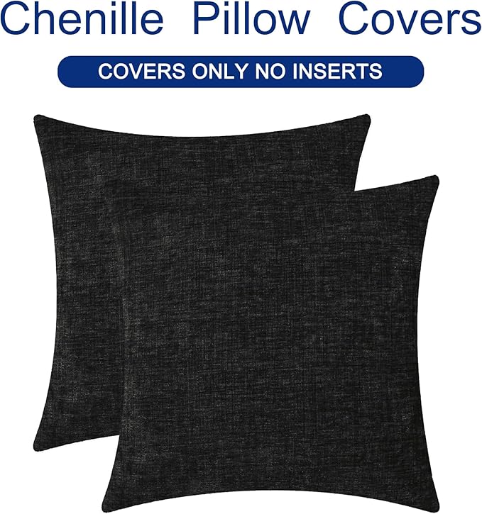 CaliTime Throw Pillow Covers Decorative 18 X 18 Inches Pack of 2 Cozy Chenille Cushion Cases for Couch Sofa Bed Living Room Home Black-Ruum Studio Home