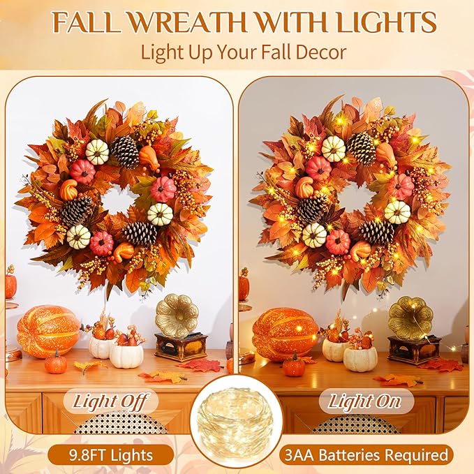 Fall Decor - Fall Wreaths for Front Door Outside, 2 Pack 20 Inch Fall Door Wreath, Handcrafted Autumn Wreath with Colorful Pumpkins Maple Leaves, Fall Decorations for Home Door Wall Thanksgiving Decor-Ruum Studio Home