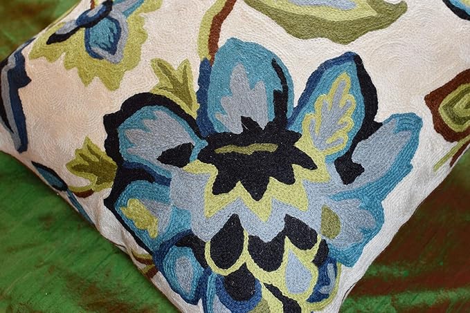 Modern Cream Decorative Floral Pillow Cover Needlepoint White Flower Hand Embroidered Pillowcase Flowery Outdoor Suzani Accent Cushion Boho Chair Modern Chair Pillowsham Wool Size 18x18-Ruum Studio Home