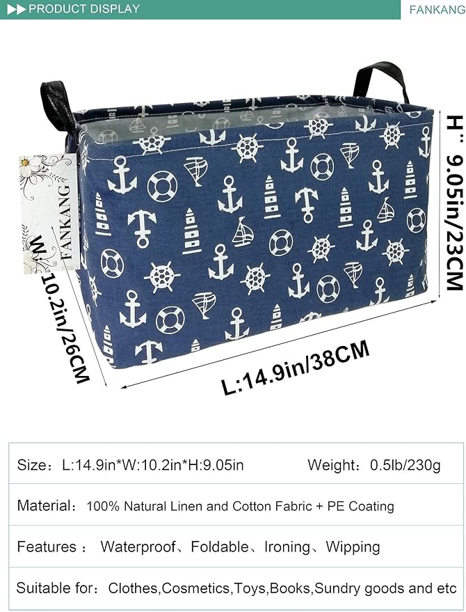 FANKANG Storage Basket,Nursery Hamper Canvas Laundry Basket Foldable with Waterproof PE Coating Storage, Office, Bedroom, Clothes,Toys (Rec-Sailboat)-Ruum Studio Home