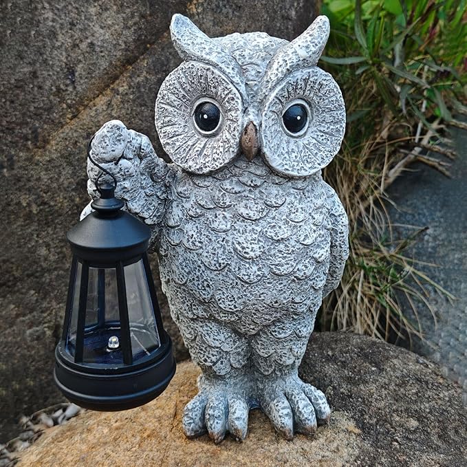 Garden Statues, owl Outdoor Figurines Decorated with Solar Lights, Unique Christmas Birthday Gifts for Moms, Grandmas, Women, Wives, Sisters (Grey Owl1)-Ruum Studio Home
