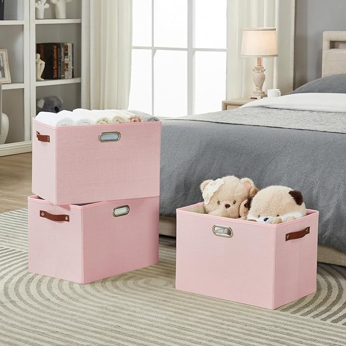 3-Pack Foldable Fabric Storage Bins with Durable PU & Metal Handles, Collapsible Storage Baskets for Shelves, Home Storage, Closet Organizers, Living Room(17"x11.8"x11.8", Pink)-Ruum Studio Home