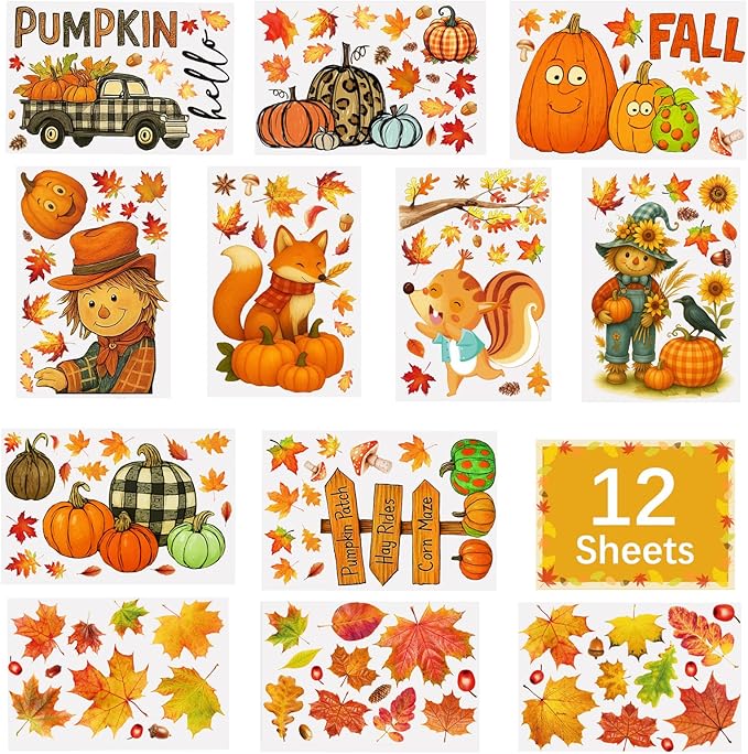 DC-BEAUTIFUL 153 Pcs Fall Window Clings, 12 Sheets Double Sided Autumn Pumpkin Scarecrow Maple Leaf Glass Stickers, Reusable Static Thanksgiving Window Decals Party Decors for Home Office School Shop-Ruum Studio Home