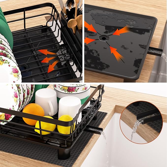 Godboat Dish Drying Rack, Dish Rack with Auto-Drain & Mat, Dish Drainers for Kitchen Counter, Glass Organizer for 4 Cups, 3 Slots Utensil Holder, Gifts for Women Mothers Day, Kitchen Gadgets & Decor-Ruum Studio Home