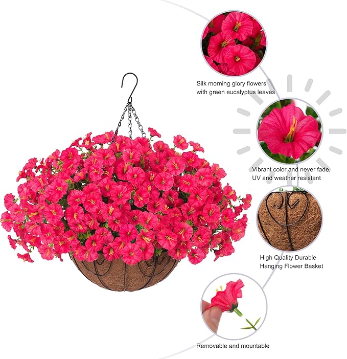 Artificial Faux Hanging Plants Flowers Basket for Outdoor Outside Spring Summer Decoration, Silk Morning Glory in Planter UV Resistant Look Real Fake Flower for Porch Patio Balcony Home Yard, Hot Pink-Ruum Studio Home