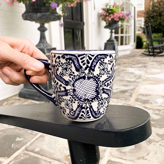 Encantada Handmade Hand-Painted Authentic Mexican Pottery Mugs (1-Pack, Cobalt Blue Flower)-Ruum Studio Home