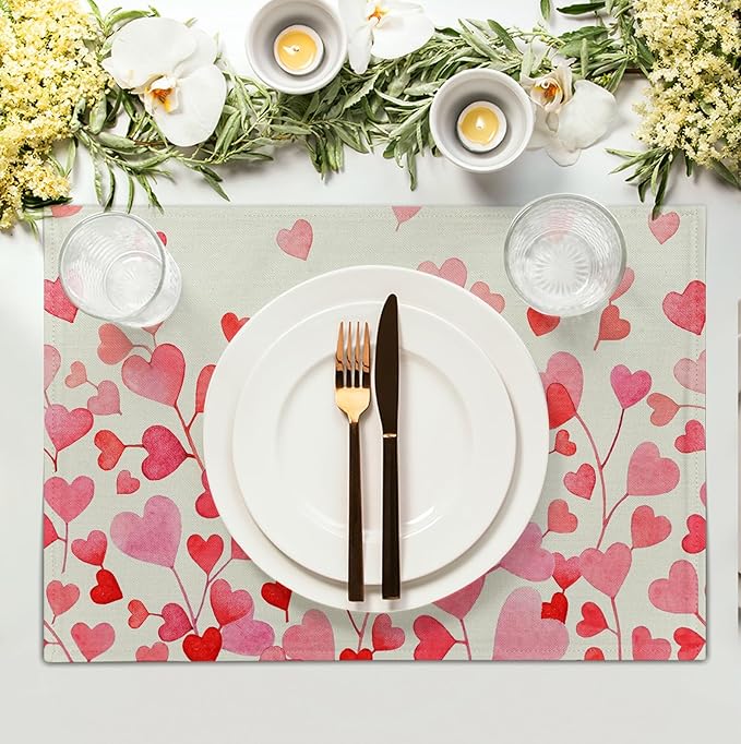 Pink Love Heart Valentine's Day Placemats Set of 4 Valentine Seasonal Holiday Linen Table Mats 12x18 Inch Anniversary Wedding Sweet Romantic Place Mats for Party Kitchen Dining Outdoor Indoor Decor-Ruum Studio Home