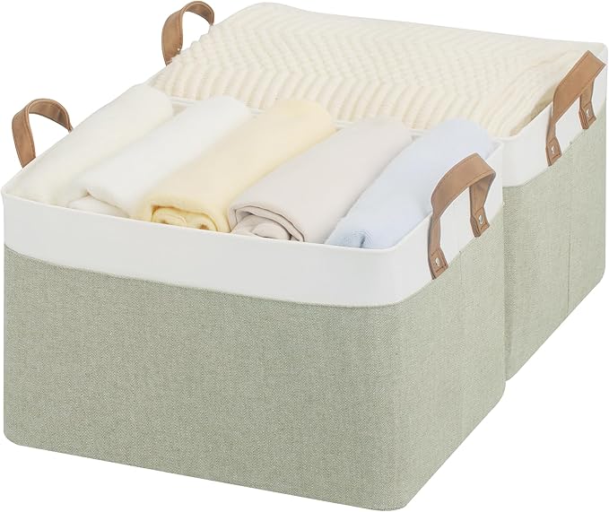 StorageWorks Storage Bins, Fabric Storage Bins for Shelves, Large Storage Baskets with Metal Frame, Closet Baskets and Bins with Handles, Green and White, 2-Pack-Ruum Studio Home