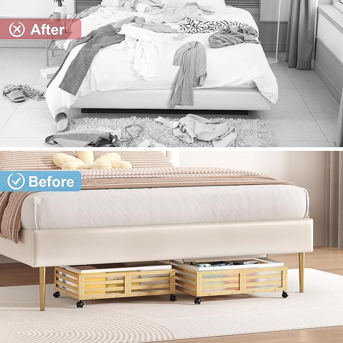 Under Bed Storage with Wheels-Large Bamboo Underbed storage Containers with Large Dust Bag Stackable Under the Bed Shoe Storage Bins for Clothes Books Bedding (2 Packs Nature, 23.62"L×16.54"W× 6.51"H)-Ruum Studio Home
