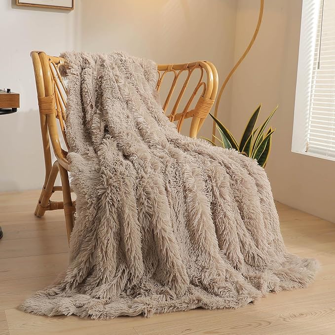 XeGe Luxury Faux Fur Throw, Soft 50x60 Fluffy Blanket, Shaggy Plush Decorative Couch Blanket, Winter Fall Cute Fuzzy Furry Lap Throw for Office Bedroom Living Room Khaki-Ruum Studio Home