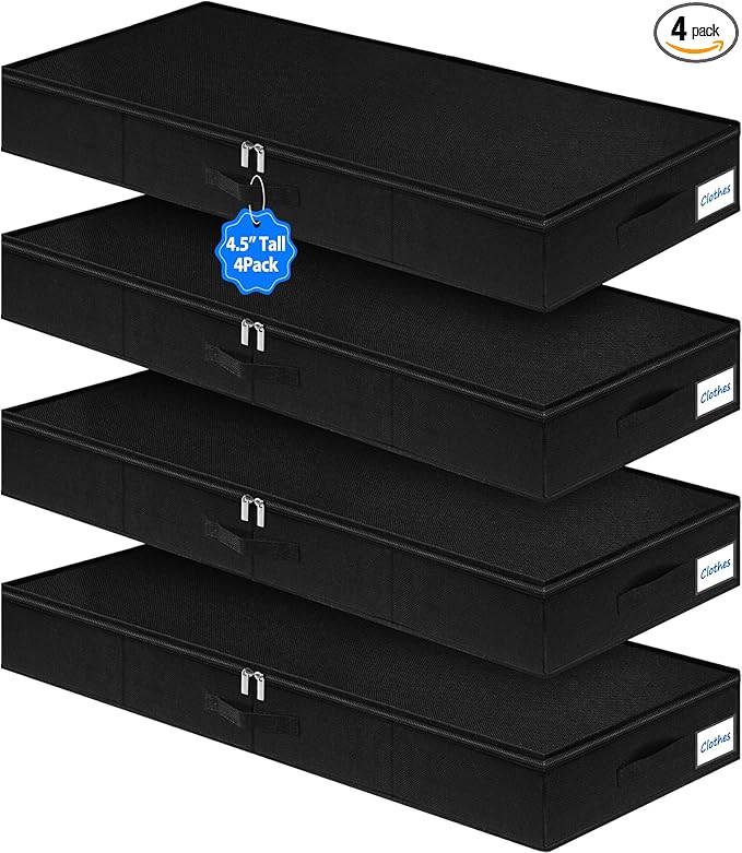 Under Bed Storage Containers, Low Profile Underbed Zipper Storage Bin 4.5 Inches Tall, Shallow Under Bed Storage with Sturdy Side & Bottom Support, Linen Storage with Lid for Sofa and Dorm, 4Pcs Black-Ruum Studio Home