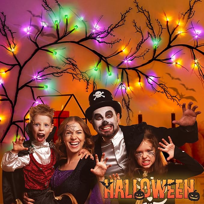 [ Timer & 8 Modes ] 6 Ft 54LED Halloween Willow Vine Twig Decor Branches Garland Decorations Orange ＆ Purple ＆ Green Lights -Battery Operated Garland for Indoor Wall Fireplace Halloween Decorations-Ruum Studio Home