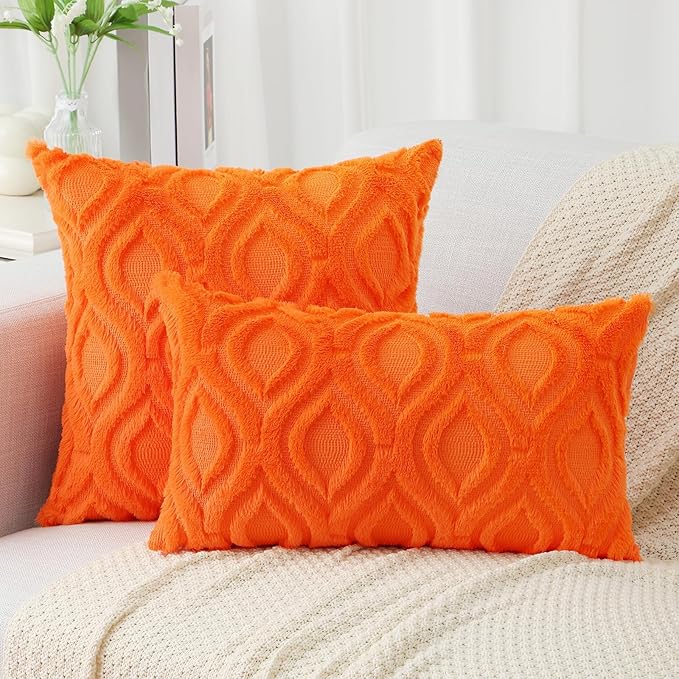 decorUhome Fall Throw Pillow Covers 16x16 Inch Set of 2, Soft Plush Decorative Faux Fur Orange Solid Couch Pillow Covers, Accent Farmhouse Neutral Square Euro Pillow Cases for Sofa Bed Living Room-Ruum Studio Home