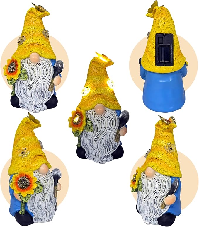 Garden Gnomes Outdoor Decor Solar Gnomes Statues with Butterfly Bee Sunflower Led Lighted Dwarf Outside Decorations for Yard Patio Lawn Ornaments Gifts for Women Mom-Ruum Studio Home