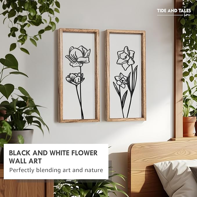 3D Black and White Wall Art (Set of 2) Lightweight, Wooden Ready-to-Hang Framed Floral Wall Art for Bathroom, Bedroom, Living Room or Office – Boho Botanical Farmhouse Decor – Gift-Boxed-Ruum Studio Home