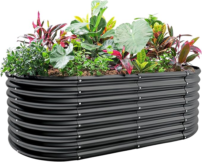 Land Guard 24“ Tall Galvanized Raised Garden Bed Kit, Galvanized Planter Garden Boxes Outdoor, Oval Large Metal Raised Garden Bed for Vegetables (Dark Gray, 4×2×2ft)-Ruum Studio Home