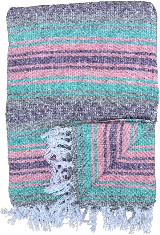 Del Mex Classic Mexican Blanket, Large Authentic Woven Falsa Throw (70"x50"), Artisan Southwest Décor for Beach, Yoga, Outdoors (Mint/Pink/Gray)-Ruum Studio Home