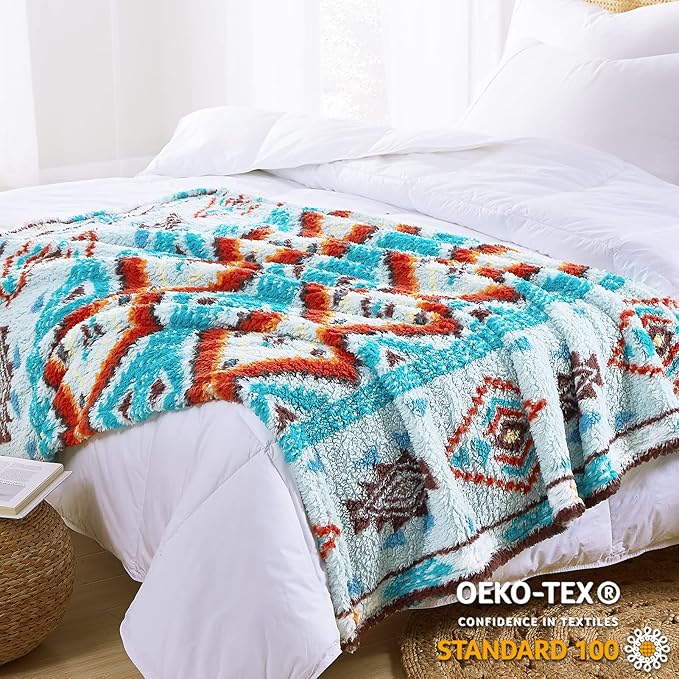 CASAAGUSTO Boho Sherpa Throw Blanket, Aztec Throw, Ultra Soft, Warm, Cozy, Plush, Thick Fleece Bohemian Throw Blanket for Couch, Bed, Sofa (Aqua 50 * 60 Inch)-Ruum Studio Home