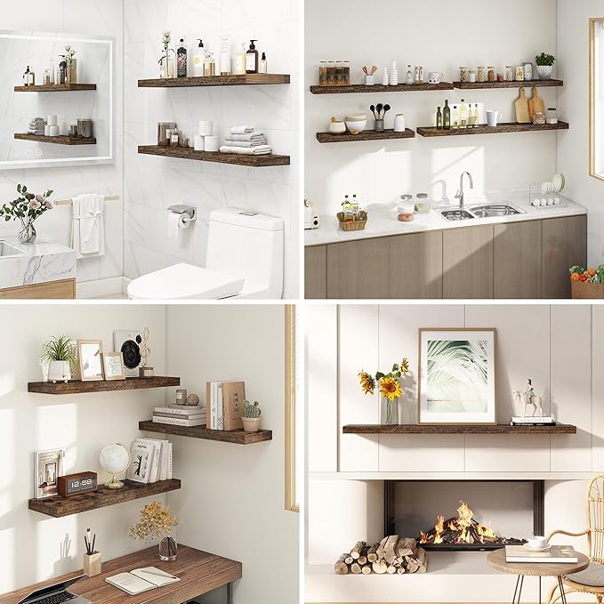 Dreamland 32 Inches Floating Shelves for Wall, 9.3" Deep Long Floating Shelves Set of 2, Large Display & Storage Shelf, Wall Shelf for Bathroom Bedroom Living Room Kitchen Office, Rustic Brown-Ruum Studio Home