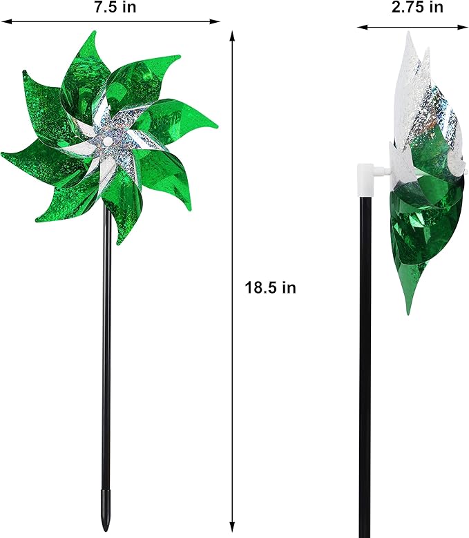 Hausse 10 Pack Reflective Pinwheels Holiday Decor, Extra Sparkly Wind Sculptures for St. Patrick's Day Decorations Party Supplies, Deterrent to Scare Birds Away from Garden Yard Patio Farm, Green-Ruum Studio Home