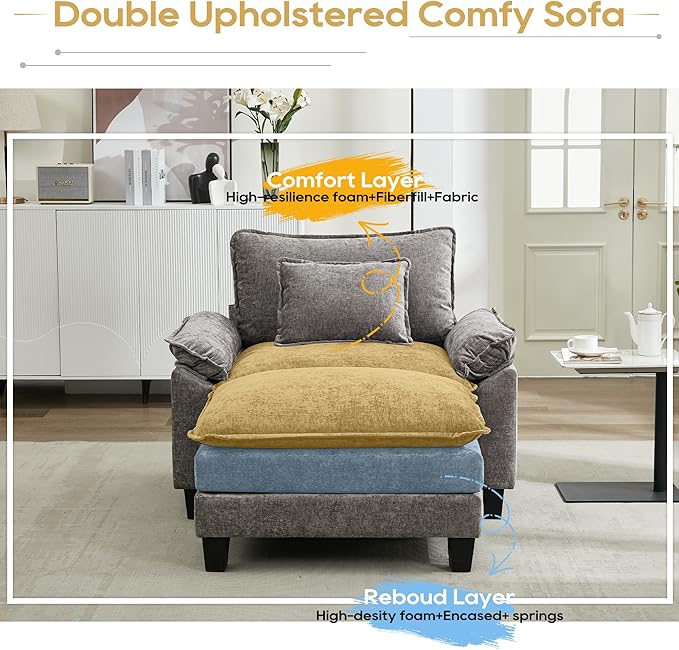 URRED Modular Sectional Sofa Comfy Cloud Couch, Modern Chenille Sofa Sleeper Deep Seat Couches with Ottoman/Pillows for Living Room (Gray, 53''- Ottoman)-Ruum Studio Home