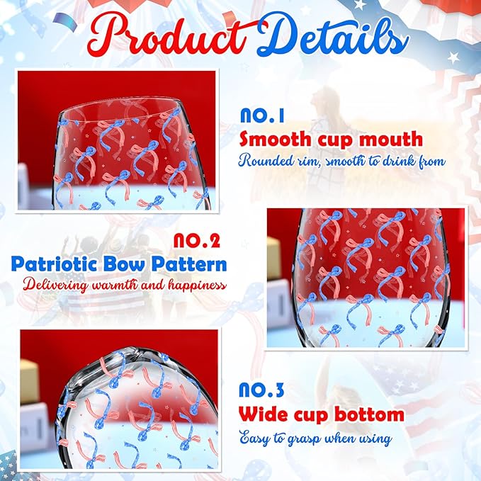 Sliner 2 Pack Patriotic Stemless Wine Glasses 17oz Red Blue Bow Drinking Glasses Independence Day Tumbler Cups for 4th of July Party Supplies Memorial Day Gift Decorations-Ruum Studio Home