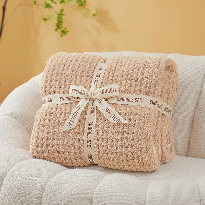Snuggle Sac Beige Waffle Blanket for Couch Bed Sofa 60x80 inches, Reversible Soft Throw Microfiber Fluffy Fuzzy Cozy Knit Twin Blanket for Women Mothers Birthday Gifts-Ruum Studio Home