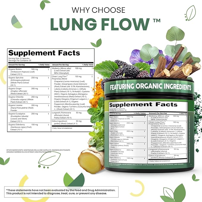 Clean Nutra Mullein NAC Supplement Spirulina Chlorella Ginger Licorice Mulberry Astragalus Root Oregano Turmeric with Chlorophyll Berries Detox Cleanse Respiratory Lung Health 90 Capsules-Ruum Studio Home
