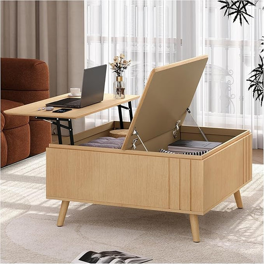 Lift Top Coffee Table with Storage,36" Large Square Coffee Tables for Living Room,Mid Century Modern Center Table for Home Office, Oak-Ruum Studio Home