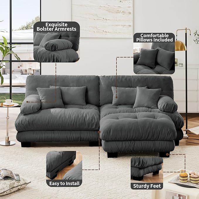 Loveseat Modular Sectional Sofa, L Shaped Couch with Ottoman, Cloud Couch Sectional Couch Home Sofa Living Room Oversized Couch Deep Seat Couch with Round Bolster Armrests 4 Pillows(Gray)-Ruum Studio Home