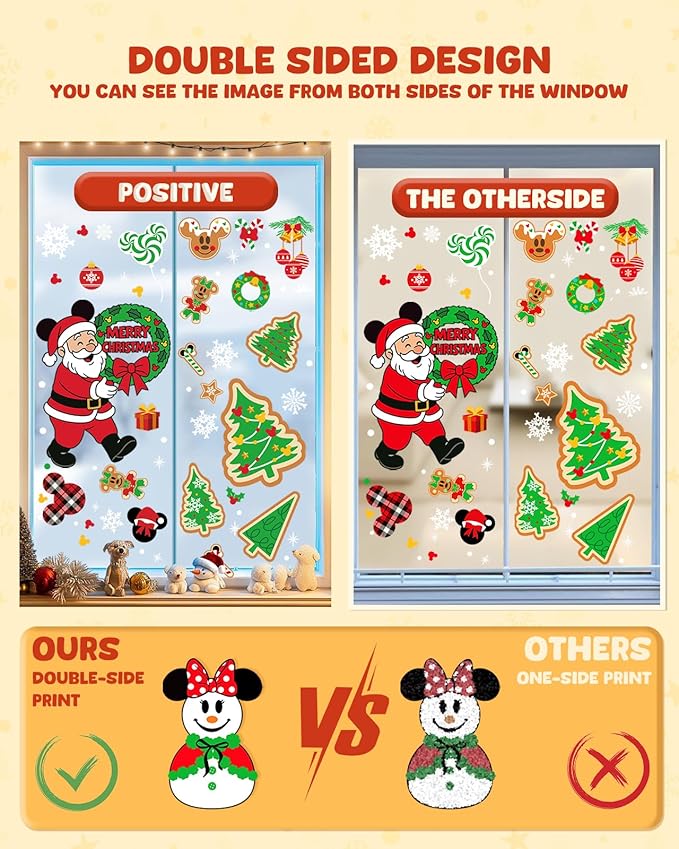 Christmas Window Clings - 9 Sheets 166 Pcs Cute Xmas Decorations for Winter Holiday Home Party, Santa Snowman Tree Snowflake Gingerbread Stickers for Glass, Double-Sided Static Window Decals-Ruum Studio Home