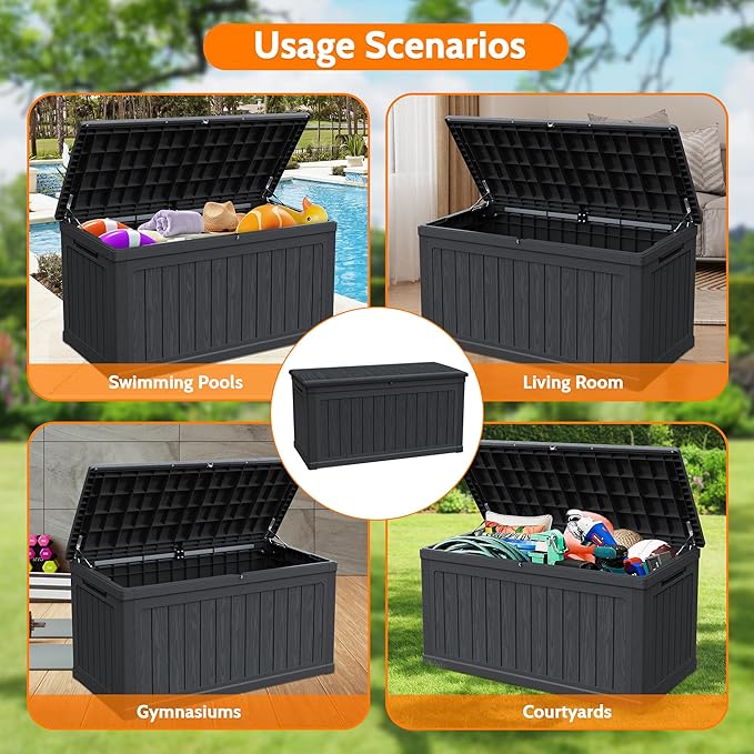260 Gallon Double-Wall Resin Deck Box - Lockable Waterproof Outdoor Storage Box, 1000lbs Capacity & Doubles as Seating for Patio Furniture - Garden Tools, Pool Accessories (Black)-Ruum Studio Home