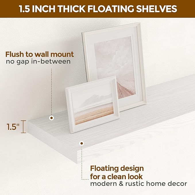 Fun Memories White Floating Shelves 16 Inch Long, 9 Inch Deep Wall Shelf for Bathroom, 16 x 9 Floating Shelf for Living Room, Bedroom, Kitchen, Rustic Wood Shelves for Wall, Set of 2-Ruum Studio Home