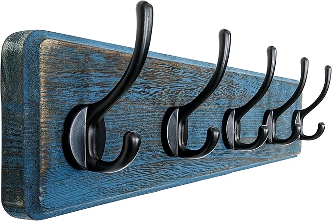 Dseap Coat Rack Wall: Patented, Heavy-Duty, 5-Double-Hooks Wooden Wall Mounted Coat Rack Coat Hanger Hook Rail for Winter Coats Hat Jacket Clothing, Weathered Blue-Ruum Studio Home