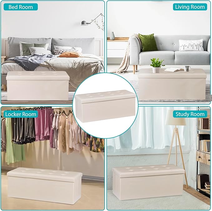 SUPER DEAL Folding Ottoman Bench with Storage, 43 Inch Padded Seat Footrest Shoes Bench for Bedroom Living Room Entryway, 660 lbs Capacity 43"x 15"x 15", Faux Leather, Beige-Ruum Studio Home