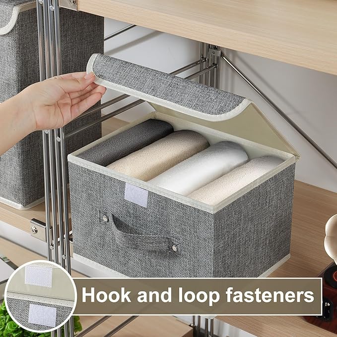 Storage Boxes, Collapsible Storage Bins with Lids, Cotton and linen cloth Storage Baskets with Handle, for Books, Closet, Bedroom, Home, 10.2x7.9x6.7 in, Grey-Ruum Studio Home