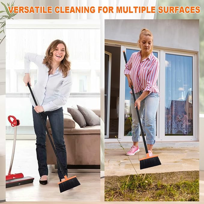 Small Broom Stiff Bristles Brush with Long Handle Indoor or Outdoor Compact Broom for Sweeping Patio Garage Garden,Deck,Concrete Floor,Bathroom (Orange)-Ruum Studio Home
