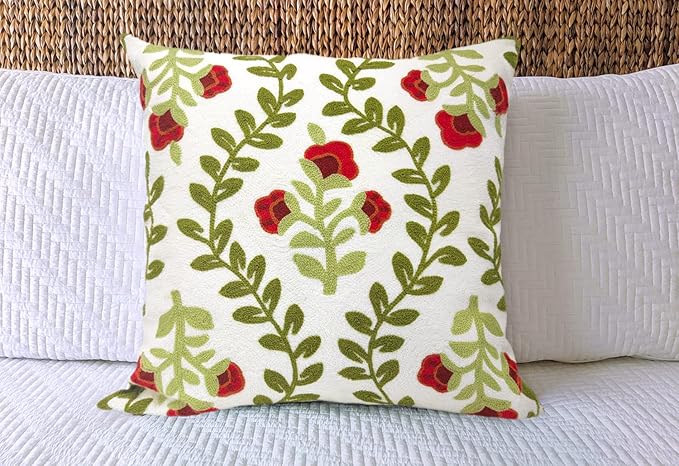 Alysheer Floral Embroidered Summer Decorative Throw Pillow Cover 18"x 18", Farmhouse Cottage Red Flowers Green Leaves Knit Pattern Cotton Canvas Cushion Case for Sofa Couch Bed Living Room Decor-Ruum Studio Home