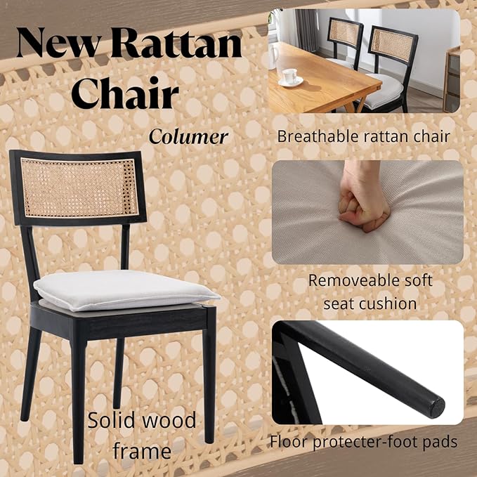 Rattan Dining Chairs Set Of 2 , Mid Century Modern Black Wooden Cane Back Chairs with Removable Linen Cushion , Retro Farmhouse Upholstered Kitchen & Dining Room Chairs for Restaurant Living Room-Ruum Studio Home