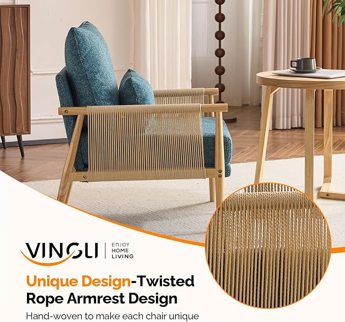 VINGLI Boho Braid Accent Armchairs Set of 2,Mid-Century Modern Chiars with Solid Wooden Armrest,Comfy Louge Cushion Chairs with Waist Pillow for Bedroom,Living Room,Reading Room, Teal-Ruum Studio Home